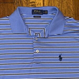 Men's Polo Ralph Lauren Custom Slim Fit Blue Black & White Striped Cotton‎ Polo